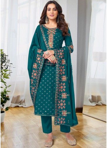 Teal Blue Embroidered Pant Suit In Georgette