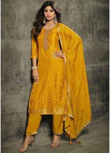 Shilpa Shetty Yellow Woven Pant Style Suit