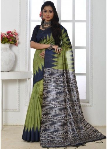 Green & Blue Tussar Silk Saree In Printed Work