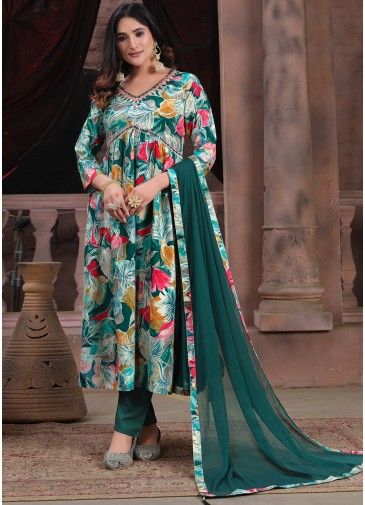 Readymade Green Floral Printed Rayon Pant Suit