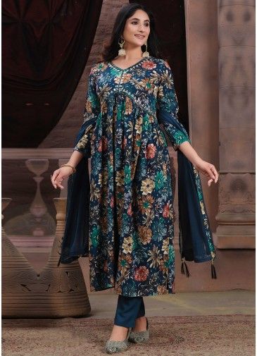 Readymade Blue Floral Printed Rayon Pant Style Suit