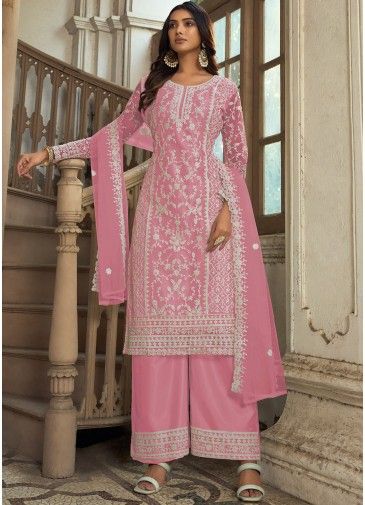 Pink Embroidered Suit Set In Net