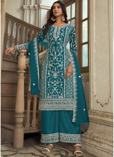 Blue Embroidered Suit Set In Net