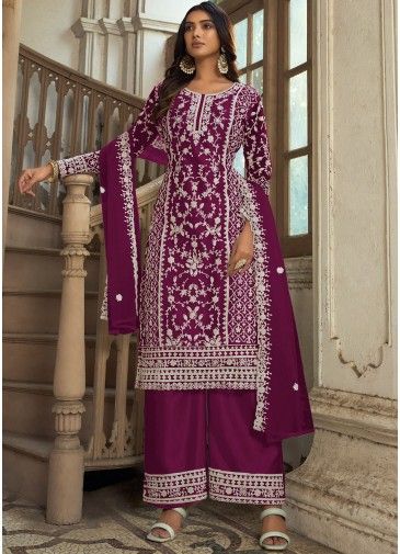Purple Embroidered Suit Set In Net