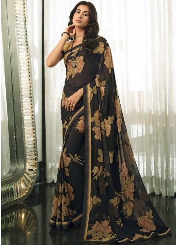 Black Printed Saree With Art Silk Blouse 