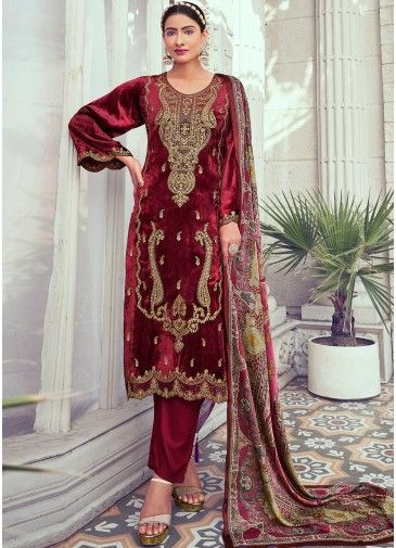Maroon Embroidered Velvet Pant Suit