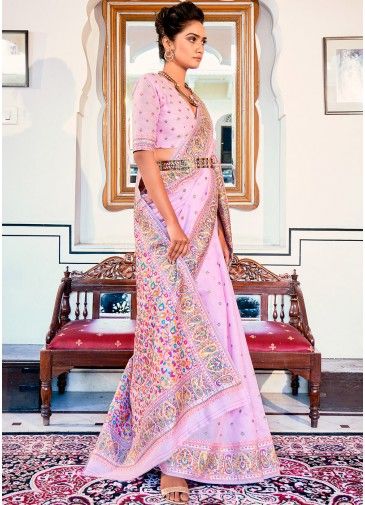 Pink Art Pashmina Silk Saree For Festive