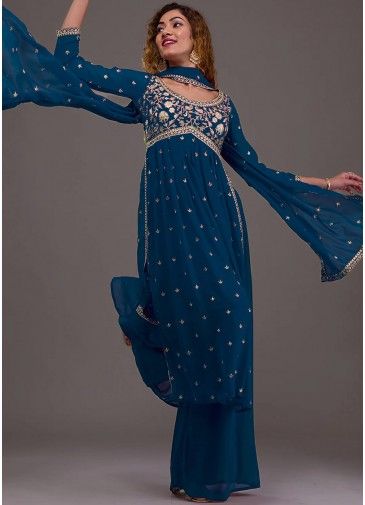Readymade Blue Embroidered Palazzo Style Suit