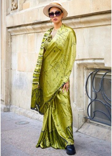 Green Abstract Printed Saree In Satin