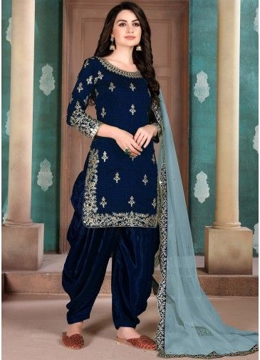 Blue Art Silk Embroidered Punjabi Suit Set