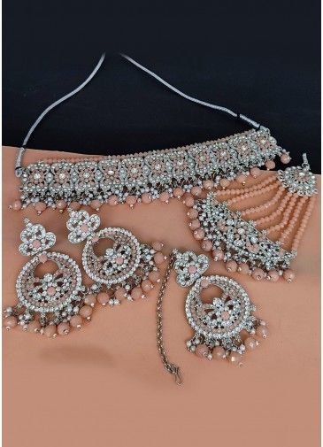Peach Stone Studded Choker Necklace Set & Passa