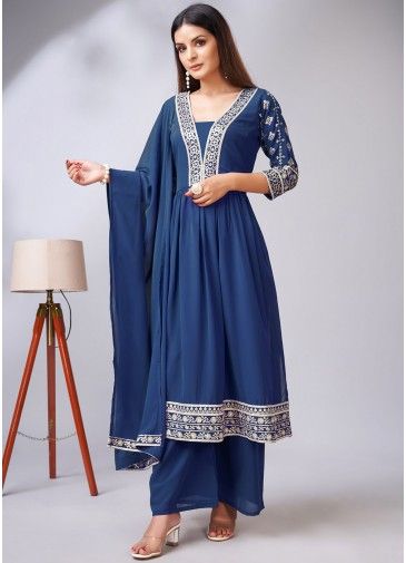 Readymade Blue Palazzo Suit In Thread Embroidery