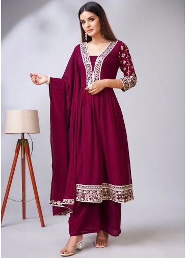 Magenta Embroidered Readymade Palazzo Suit Set