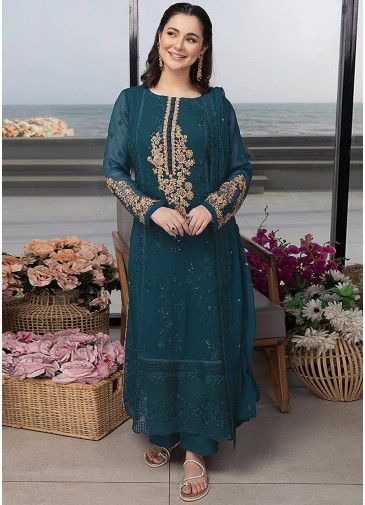 Teal Blue Embroidered Pant Suit In Georgette