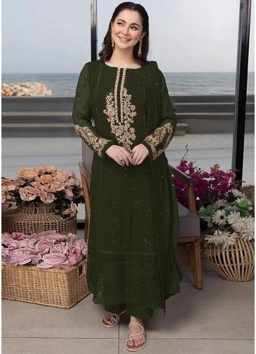 Green Embroidered Georgette Pant Suit Set