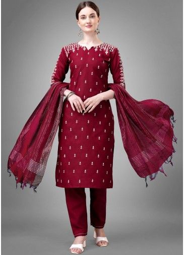Maroon Readymade Cotton Pant Suit In Print