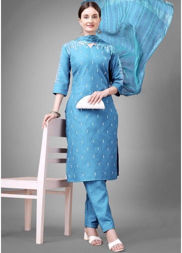 Blue Readymade Printed Pant Suit In Cotton