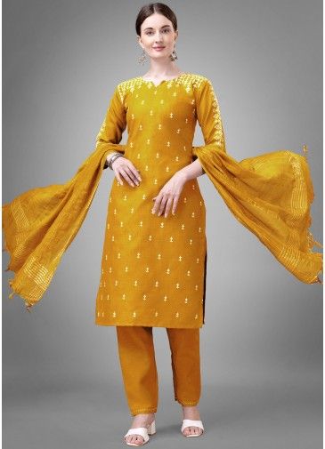 Yellow Printed Cotton Readymade Pant Suit