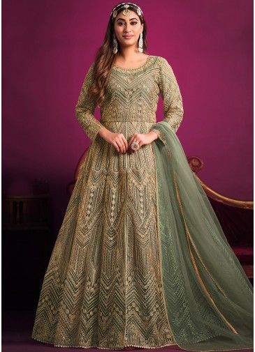 Green Slitted Pant Suit In Dori Embroidery