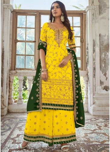Yellow Embroidered Palazzo Suit Set