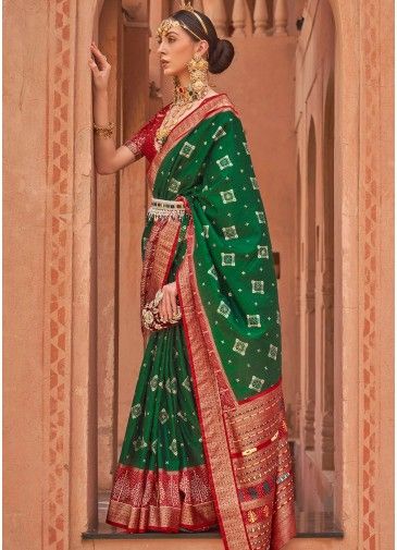 Green Printed Silk Saree & Blouse