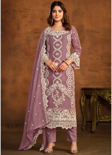 Purple Embroidered Pant Suit Set In Organza