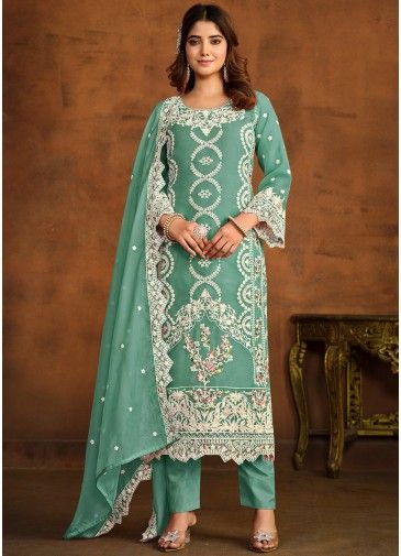 Green Embroidered Organza Pant Suit Set