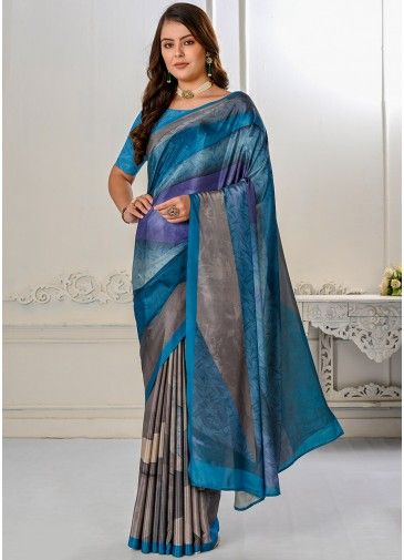 Blue Printed Silk Saree For Festive