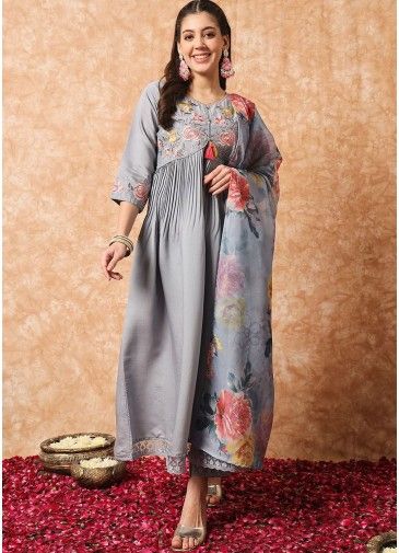 Readymade Grey Embroidered Anarkali Pant Suit