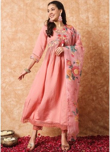 Peach Embroidered Readymade Anarkali Pant Suit