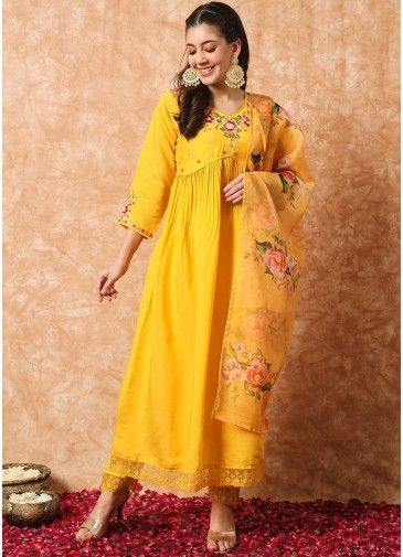 Readymade Yellow Embroidered Anarkali Pant Suit