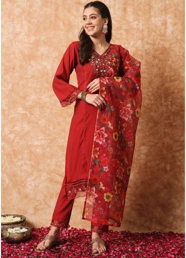 Readymade Red Embroidered Pant Suit Set