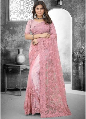 Pink Embroidered Net Saree With Blouse