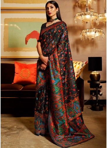 Black Floral Printed Saree In Silk