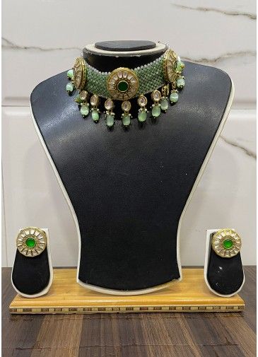Green Stone Studded Choker Necklace & Earrings