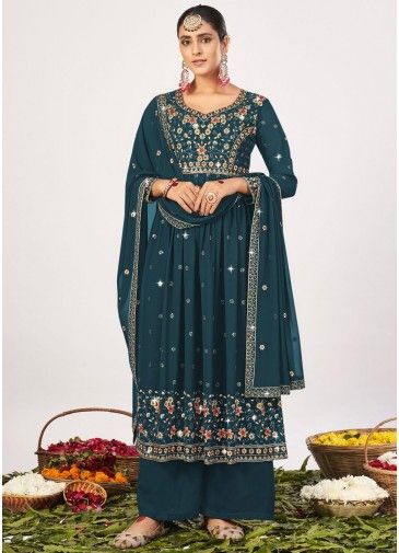 Teal Blue Embroidered Palazzo Suit In Georgette