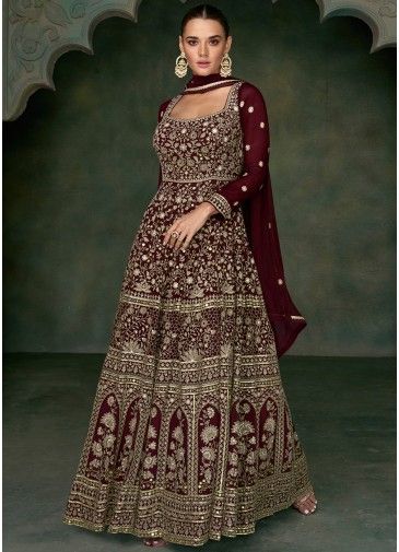 Readymade Maroon Embroidered Abaya Style Suit