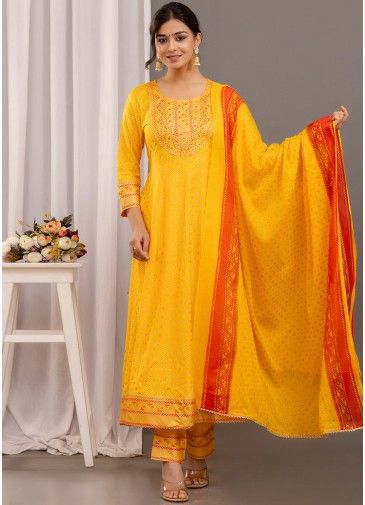 Readymade Yellow Foil Printed Anarkali Pant Suit