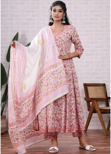 Readymade Pink Floral Printed Anarkali Pant Suit