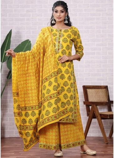 Yellow Readymade Floral Print Palazzo Suit Set