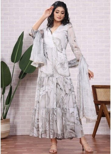 Readymade Grey Printed Anarkali Suit & Dupatta