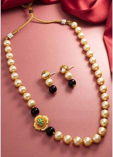 Golden Pearl Studded Chain Style Necklace 