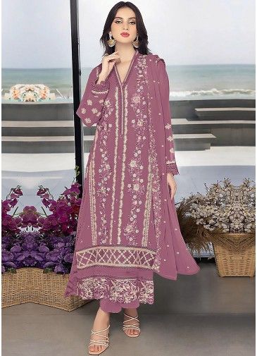 Mauve Pink Georgette Pant Suit In Thread Embroidery