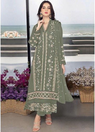 Green Thread Embroidered Georgette Pant Suit Set