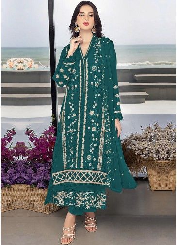 Teal Green Embroidered Pant Suit In Georgette