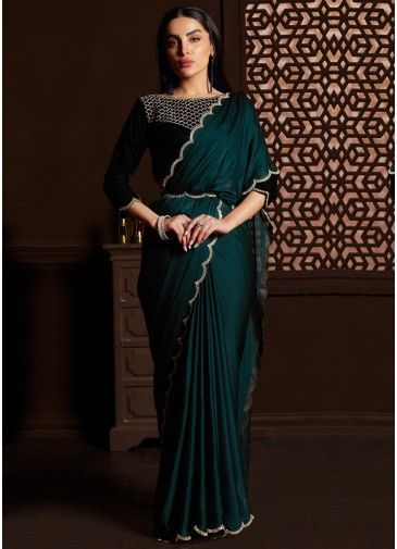 Teal Blue Stone Embellished Saree In Chiffon