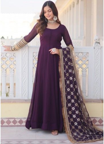 Readymade Purple Embroidered Anarkali Suit Set