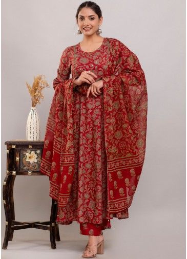 Red Readymade Floral Printed Cotton Pant Suit