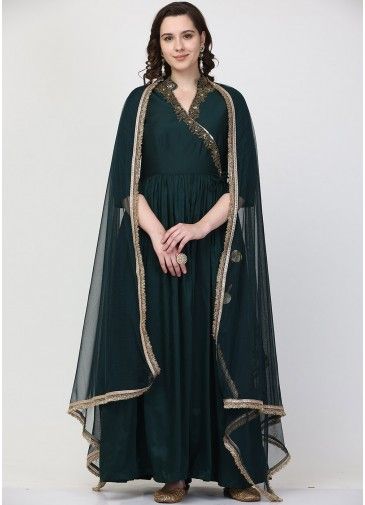 Readymade Green Angrakha Style Embroidered Suit