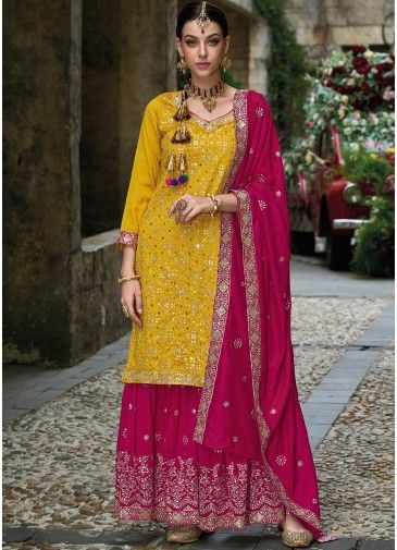 Yellow Embroidered Readymade Silk Gharara Suit
